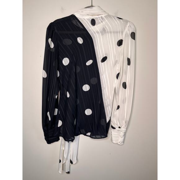 1980s Jean for Joseph Le Bon Black White Chiffon Polka Dot Neck Scarf Shirt L - Picture 8 of 8